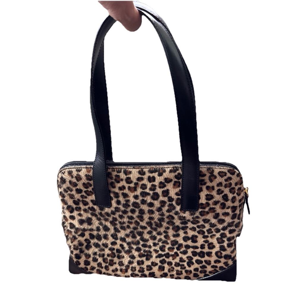 Talbots Black Leopard Print Faux Fur Satchel Bag Double Handle Black Handbag